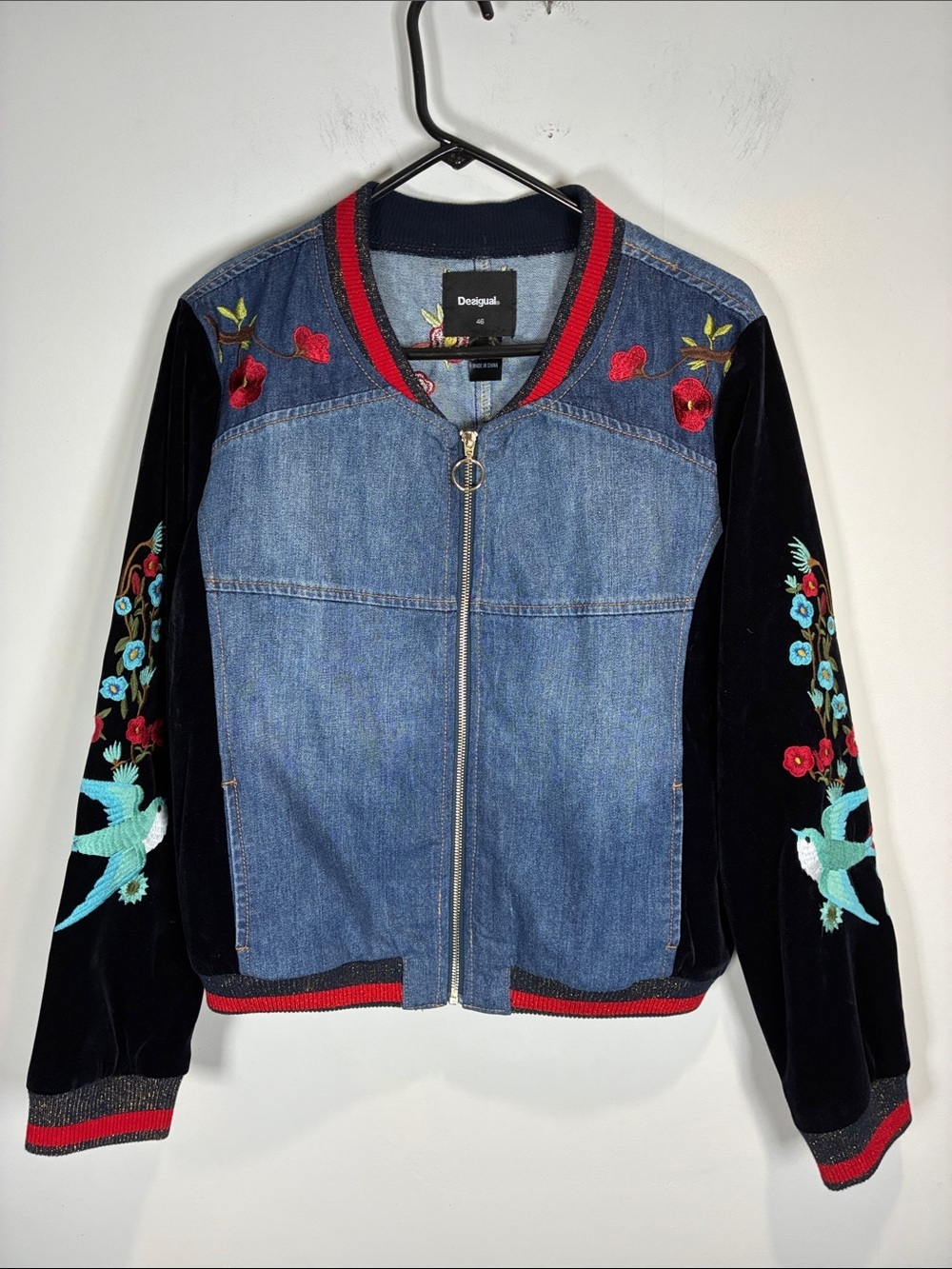 Desigual Embroidered Denim Velvet Bomber Jacket Tiger Birds EU 46 XL - Picture 2 of 16